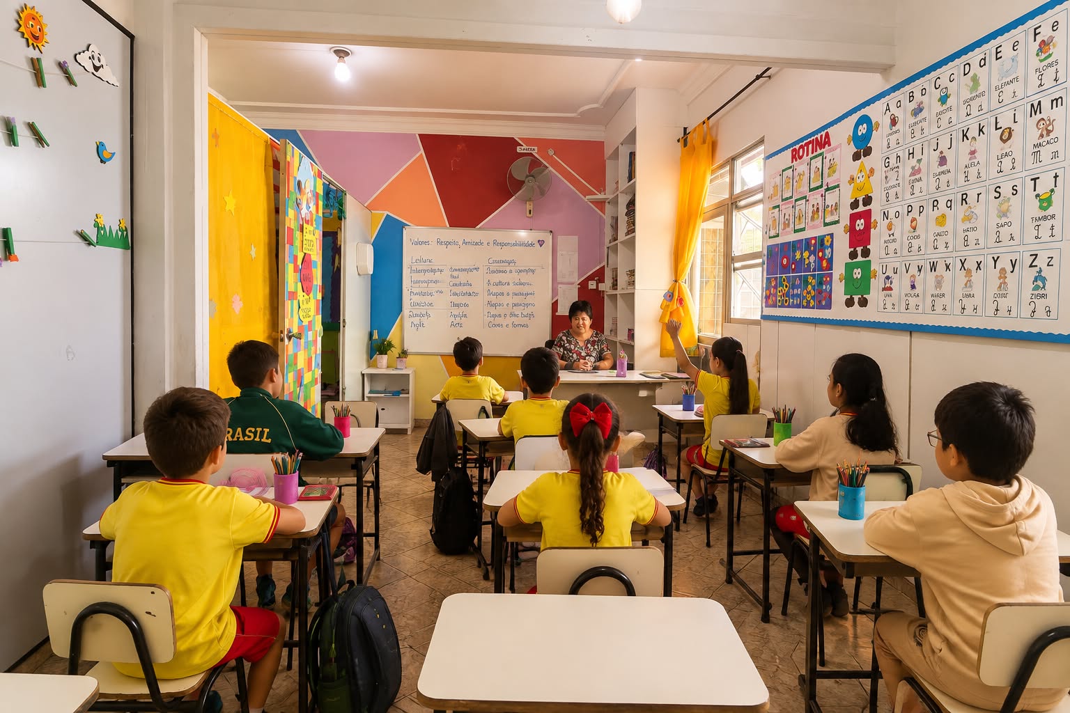 Turma do Fundamental em sala de aula com a professora