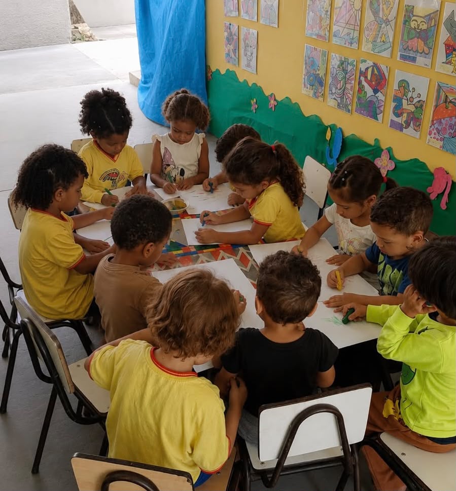 Crianças da Educação Infantil desenhando juntas em roda