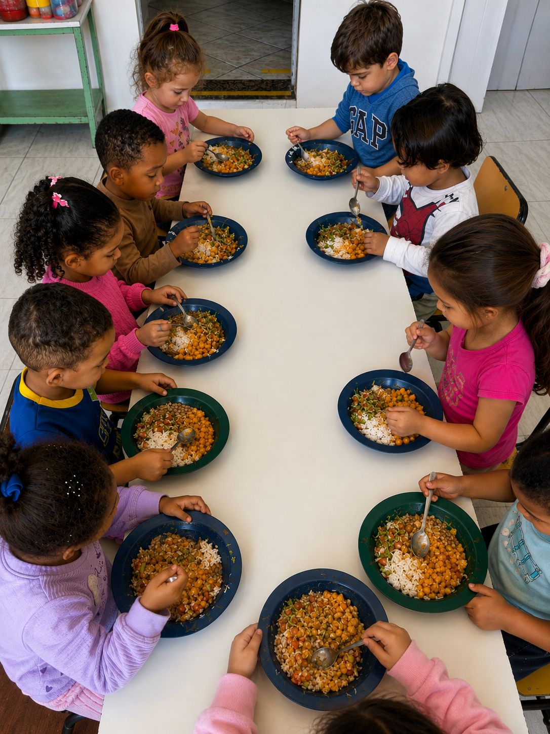 Crianças da Educação Infantil almoçando juntas à mesa na escola